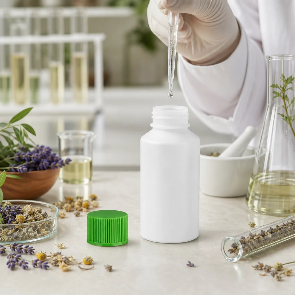 Biała butelka z tworzywa sztucznego o pojemności 50 ml z zielonym nakrętką typu SV i pipetą do preparatów ziołowych