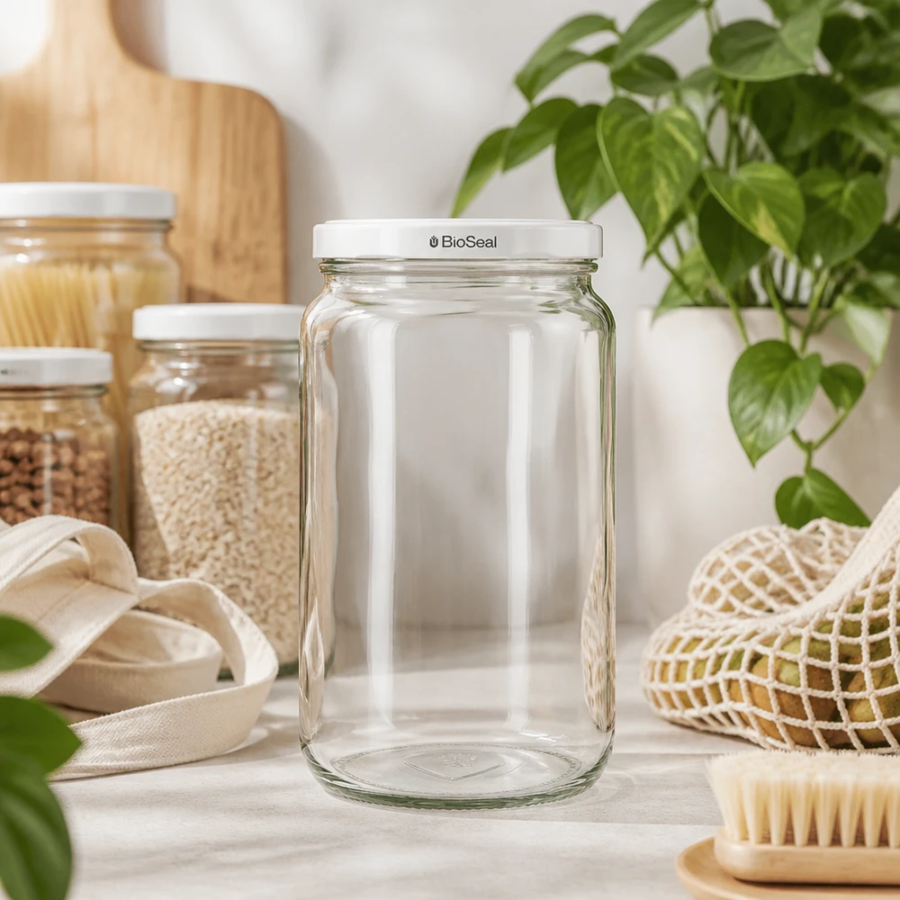 Słoik do przechowywania UNiTWIST Runda795 z białą pokrywką TO82 BioSeal w zrównoważonej kuchni zero waste z naturalnych materiałów