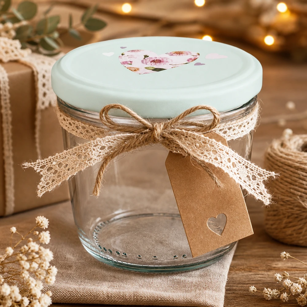 Szklanka z pokrywką 230 ml + pokrywka BasicSeal serce miętowa UN.. 230ml Sturzglas mit BasicSeal Deckel Herz mint als Geschenkidee, dekoriert mit Juteschleife und Geschenkanhänger