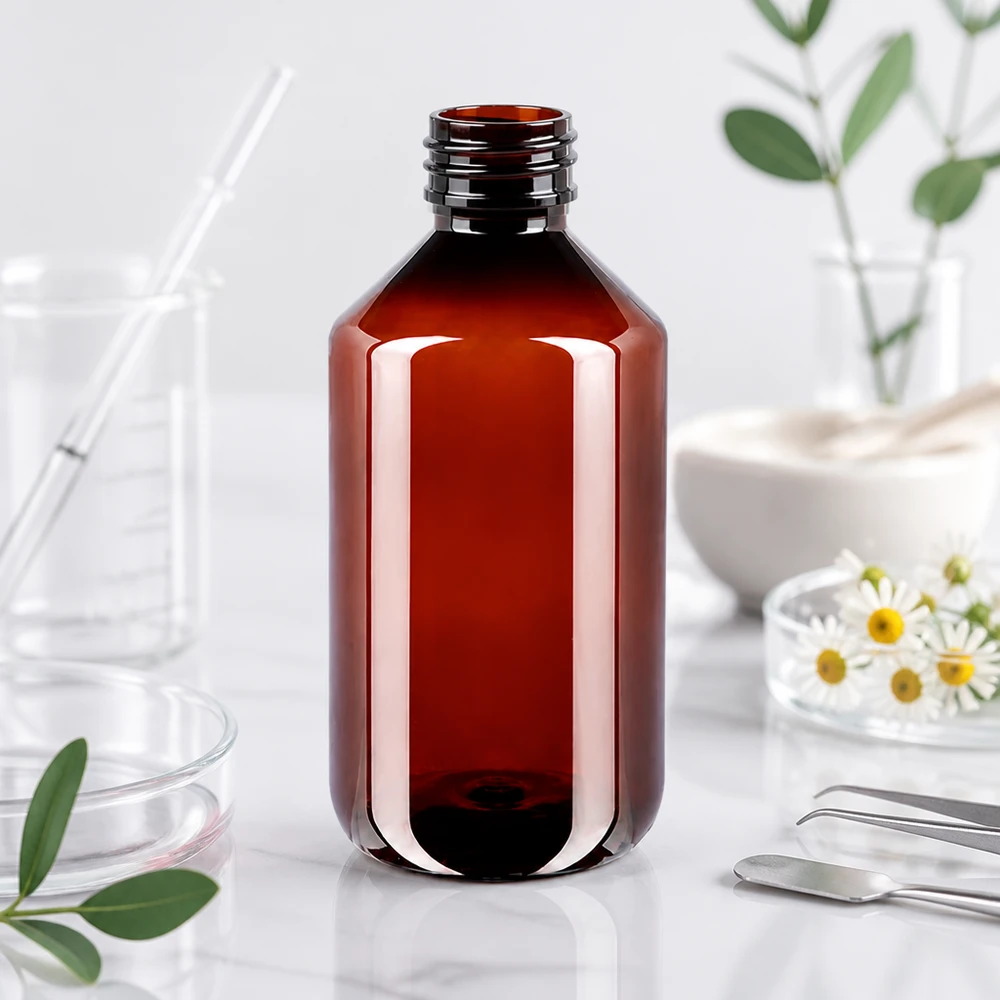 Pusta brązowa butelka PET o pojemności 500 ml z zakrętką na białym blacie laboratoryjnym