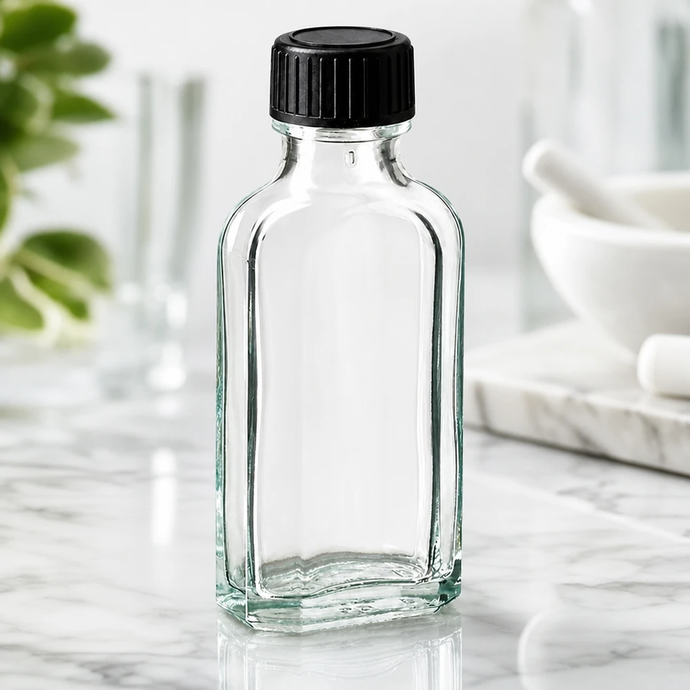 50 ml Przezroczysta zakrętka Meplat z dyskiem uszczelniającym LKD Przezroczysta szklana butelka Meplat o pojemności 50 ml z czarnym zakrętkiem na marmurowej podstawce