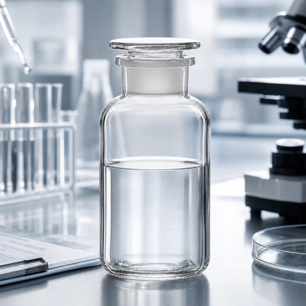 Butelka o zaokrąglonych ramionach, 500 ml, z szeroką szyjką, przezroczysta, na stole laboratoryjnym z mikroskopem i szalką Petriego