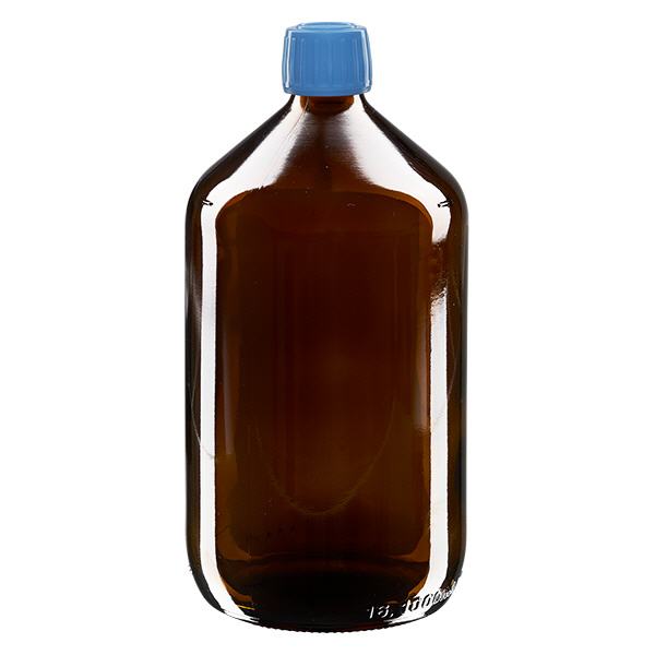 Butelka na lek 1000 ml brązowa, niebieska zakrętka z pierścieniem zabezpieczającym ApoGlas. Farmaceutyczna jakość produkcji UE. Gwint 28 mm (PP28). (syrop, butelka z lekkiego szkła) Butelka na lek 1000 ml brązowa, niebieska zakrętka z pierścieniem zabezpieczającym ApoGlas. Farmaceutyczna jakość produkcji UE. Gwint 28 mm (PP28). (syrop, butelka z lekkiego szkła)