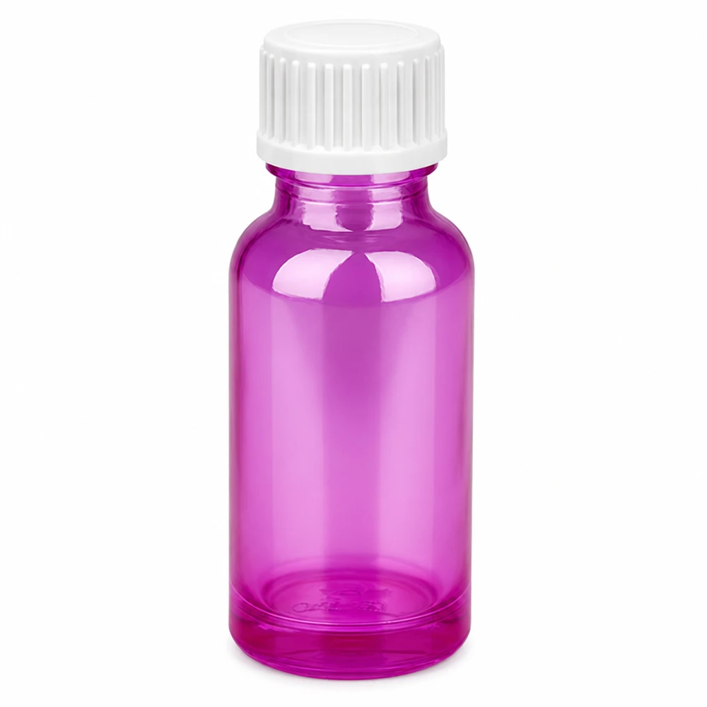 20 ml szklana butelka w kolorze jasnofioletowym z białą zakrętką na olejki eteryczne