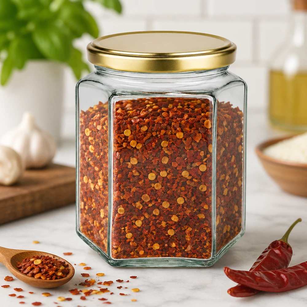 Sześciokątny słoik na miód 500g BasicSeal ze złotą zakrętką wypełniony płatkami chili Spices Kitchen