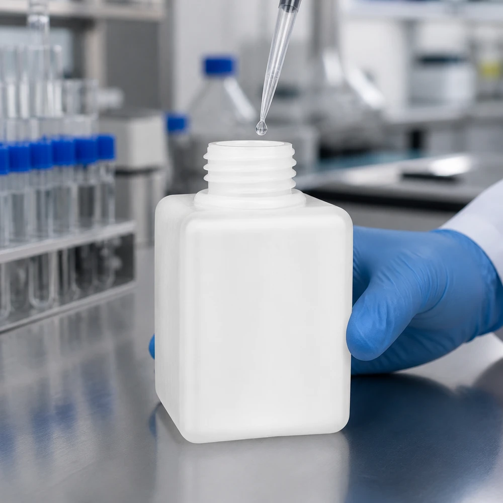 Butelka na chemikalia 100ml, wąska szyjka wykonana z PE-HD, kolor naturalny, GL 25 Laborant w rękawiczkach napełnia w laboratorium butelkę z wąską szyjką z PE-HD o pojemności 100 ml (GL 25) za pomocą pipety