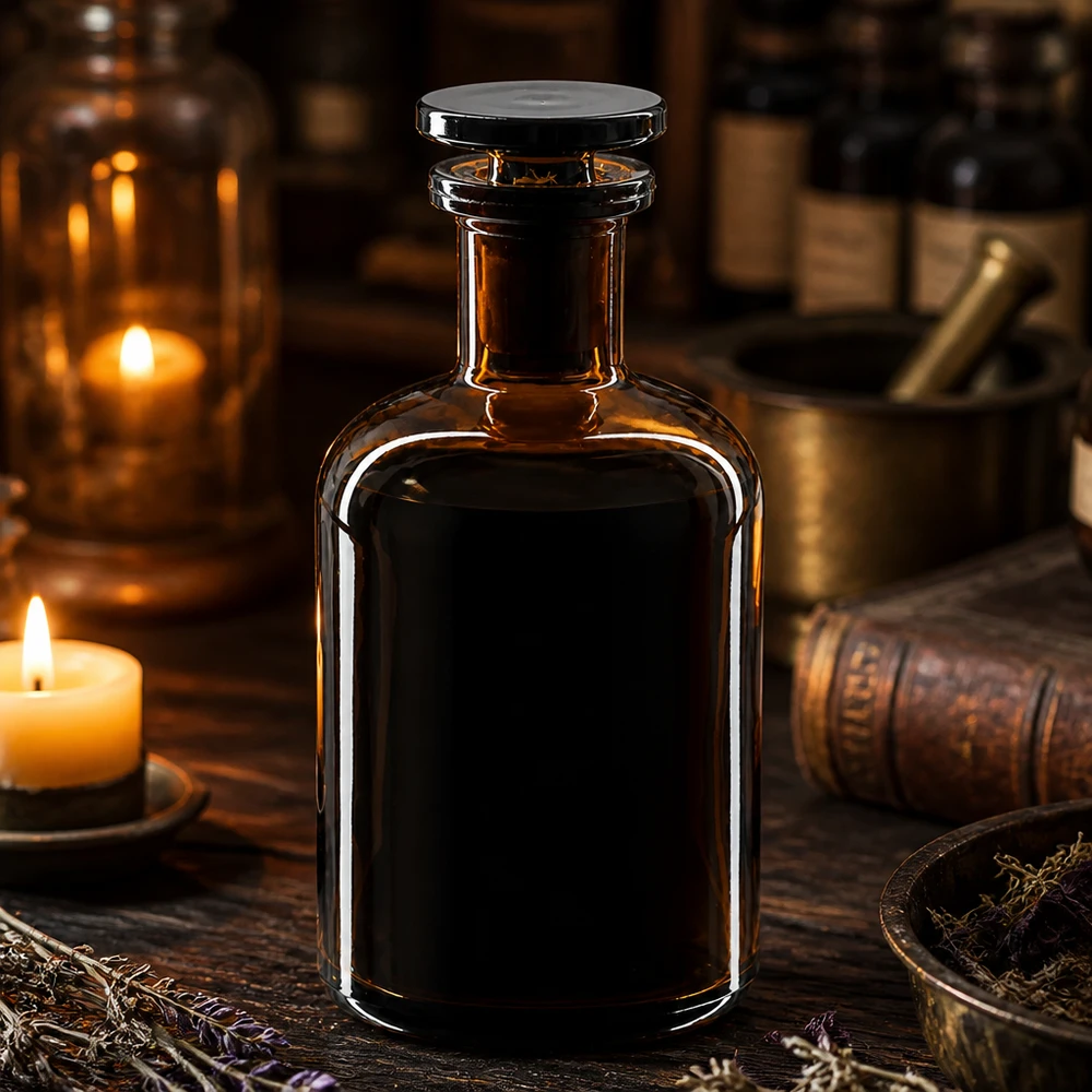 Okrągła butelka na ramię 100 ml z brązową wąską szyjką i szklanym korkiem Brązowa butelka aptekarska w stylu vintage o pojemności 100 ml z szklanym korkiem, umieszczona między świecami a starymi książkami
