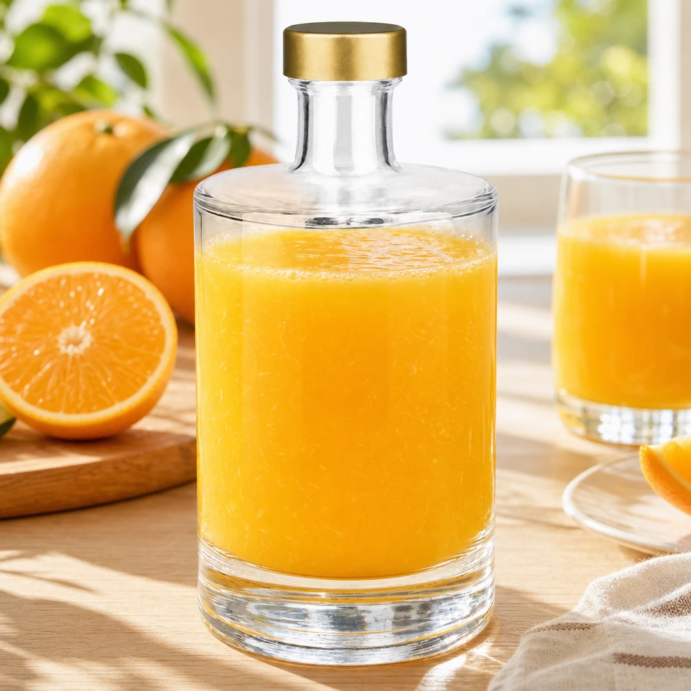 500ml Glasflasche Sam mit Orangensaft befüllt goldener UNiTWIST Verschluss frische Orangen Frühstücks Szene natürliches
