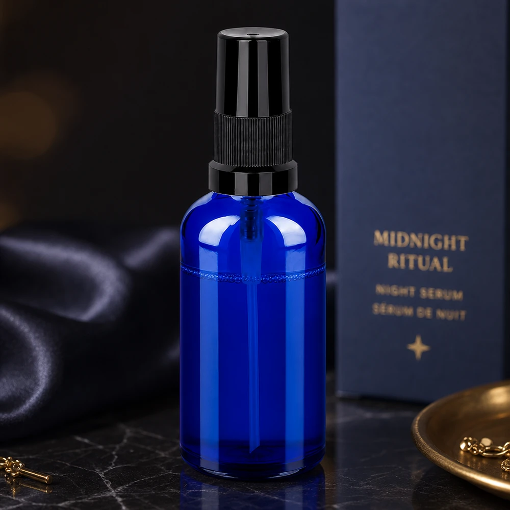 50 ml butelka ze spryskiwaczem czarna STD BlueLine UT18/50 Wysokiej jakości szklana butelka z rozpylaczem o pojemności 50 ml w kolorze kobaltowego błękitu z profesjonalnym systemem rozpylającym do pielęgnacji skóry