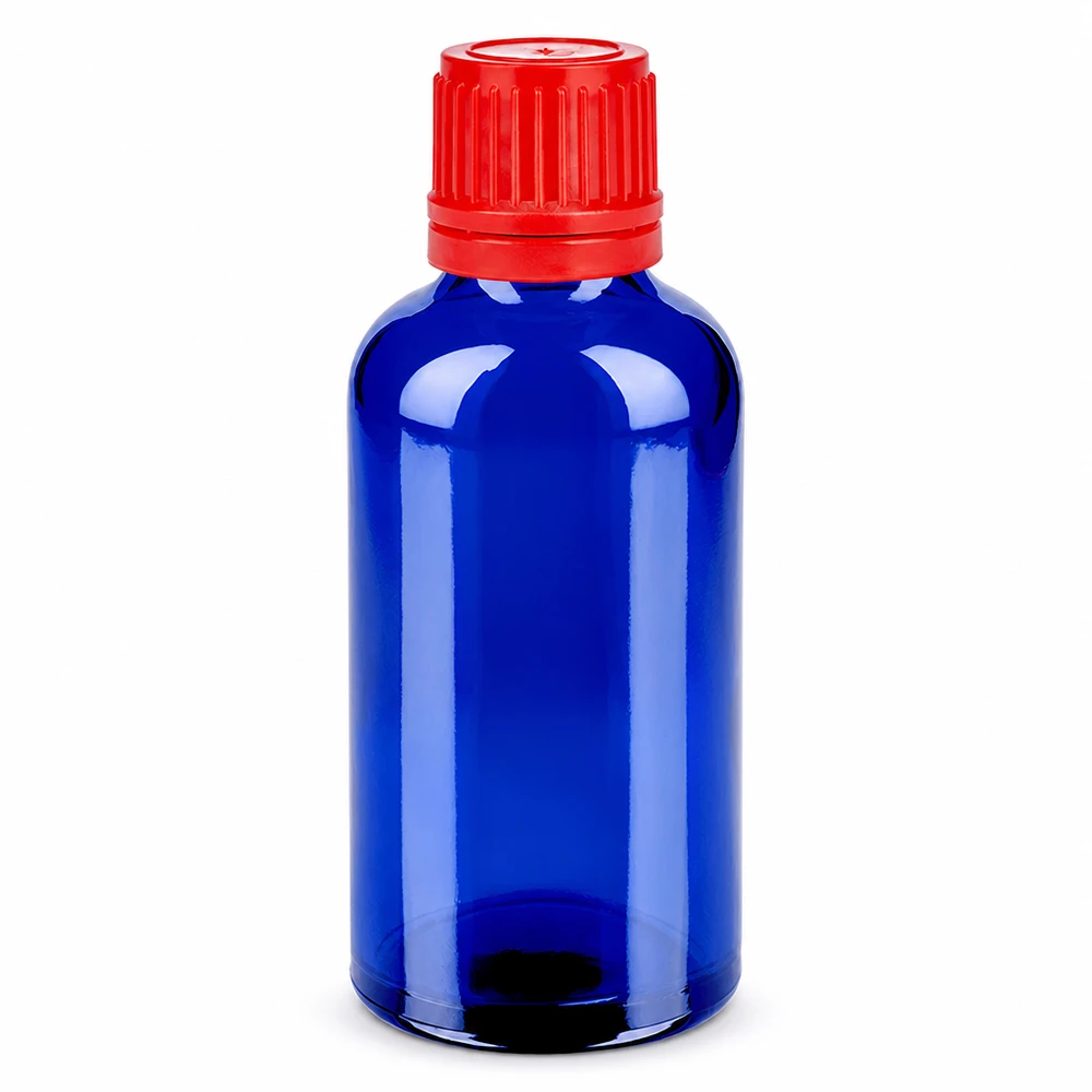 Butelka 50 ml 11 mm SV czerwony OV BlueLine UT18/50 Butelka szklana 50ml niebieska z czerwoną nakrętką 11mm SV OV BlueLine UT18/50