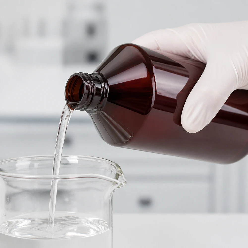 Brązowa butelka PET o pojemności 1000 ml podczas nalewania przezroczystego płynu do zlewki laboratoryjnej w rękawiczkach ochronnych