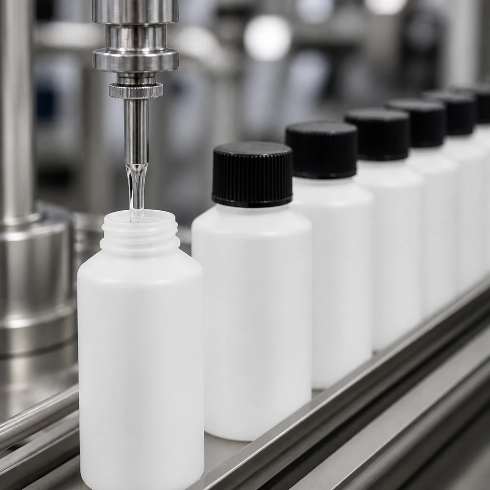 Butelka apteczna HDPE 50ml biała, z czarnym SV Automatyczne napełnianie białych butelek aptecznych z HDPE o pojemności 50 ml z czarnymi zakrętkami