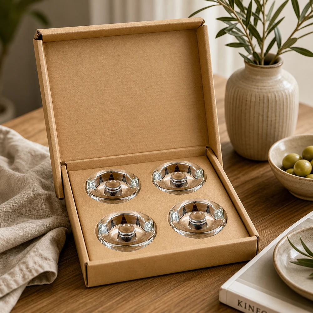 Szklane obciążniki fermentacyjne z uchwytem zestaw 4 UNiTWIST UNiTWIST Fermentier-Glasgewichte 4er Set in stilvoller Kartonbox auf Holztisch neben Olivenschale und Keramikvase