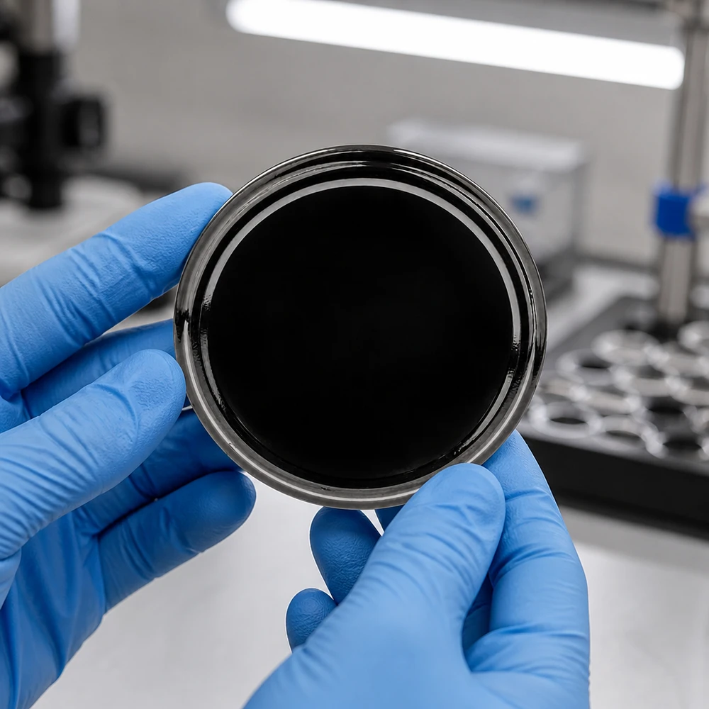 Zdjęcie laboratoryjne czarnej pokrywy TO82 BasicSeal o średnicy 82 mm typu UNiTWIST trzymanej w rękach w niebieskich rękawiczkach ochronnych