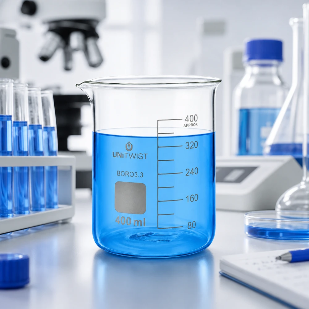 Szklana zlewka UNiTWIST o pojemności 400 ml i niskim kształcie, z niebieską cieczą, na białym stole laboratoryjnym