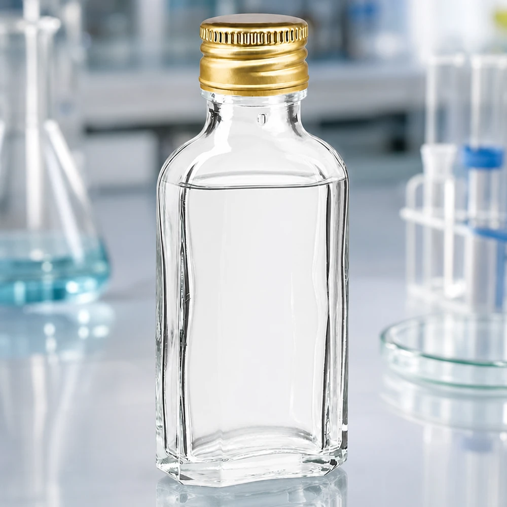 Miniaturowa buteleczka Meplat z przezroczystego szkła o pojemności 50 ml ze złotym aluminiowym zakrętkiem PP22 w warunkach laboratoryjnych