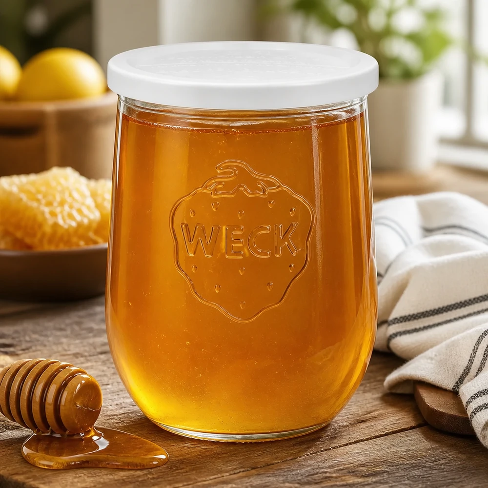 WECK tulipan słoik 1062ml RR100 wypełniony miodem obok łyżki miodu na drewnianym stole w naturalnym środowisku kuchennym