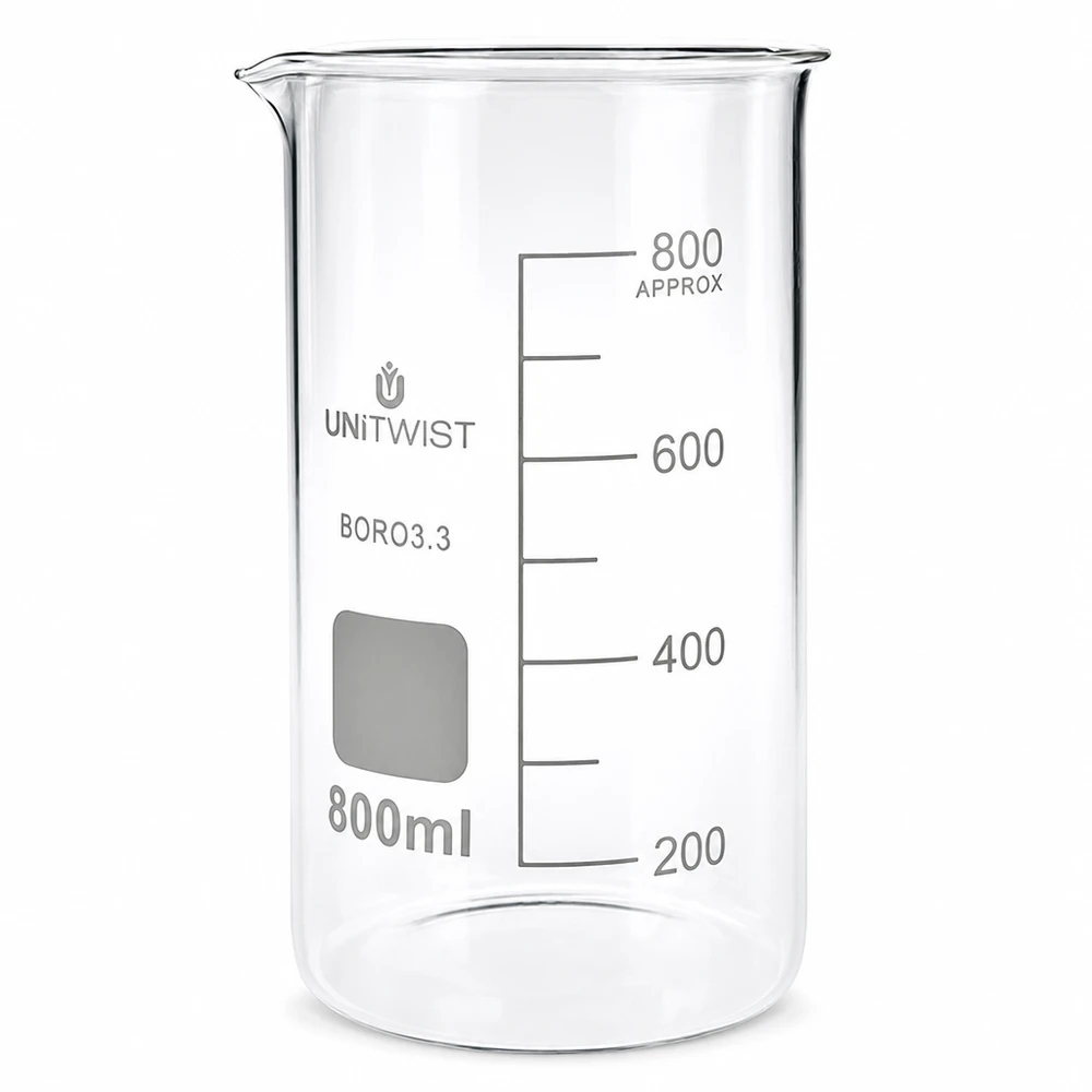 Szklanka o pojemności 800 ml, wysoka, wykonana ze szkła borokrzemowego, z podziałką mililitrową, marki UNITWIST