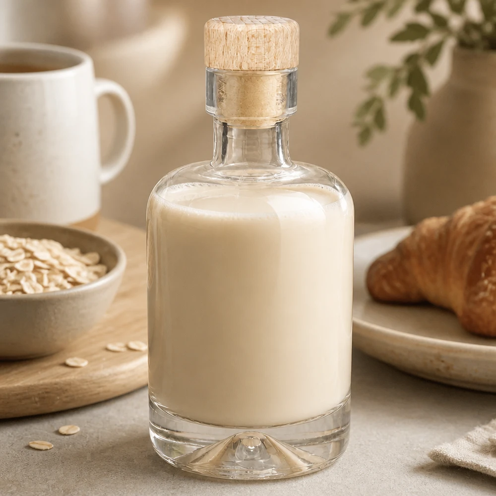 50ml Glasflasche Amelie mit cremigem Hafermilch-Inhalt neben Haferflocken und Gebäck im gemütlichen Küchen-Ambiente