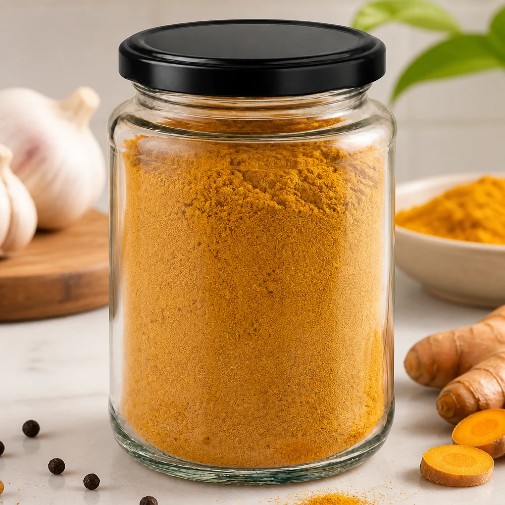 Okrągły, czarny słoik BasicSeal o pojemności 382 ml wypełniony sproszkowaną kurkumą pomiędzy świeżymi korzeniami kurkumy i czosnkiem.