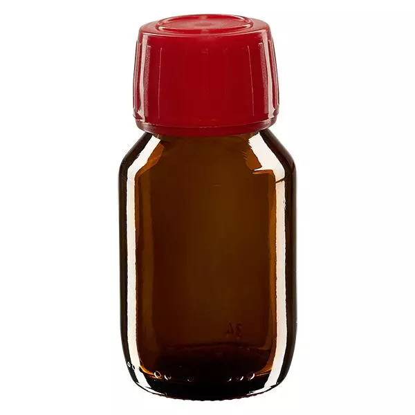Butelka na lek 50 ml brązowa, czerwona zakrętka z pierścieniem ApoGlas. Farmaceutyczna jakość produkcji UE. Gwint 28 mm (PP28). (syrop, butelka z lekkiego szkła) Butelka na lek 50 ml brązowa, czerwona zakrętka z pierścieniem ApoGlas. Farmaceutyczna jakość produkcji UE. Gwint 28 mm (PP28). (syrop, butelka z lekkiego szkła)