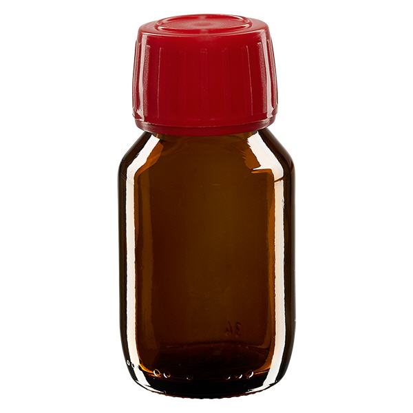 Butelka na lek 50 ml brązowa, czerwona zakrętka z pierścieniem ApoGlas. Farmaceutyczna jakość produkcji UE. Gwint 28 mm (PP28). (syrop, butelka z lekkiego szkła) Butelka na lek 50 ml brązowa, czerwona zakrętka z pierścieniem ApoGlas. Farmaceutyczna jakość produkcji UE. Gwint 28 mm (PP28). (syrop, butelka z lekkiego szkła)