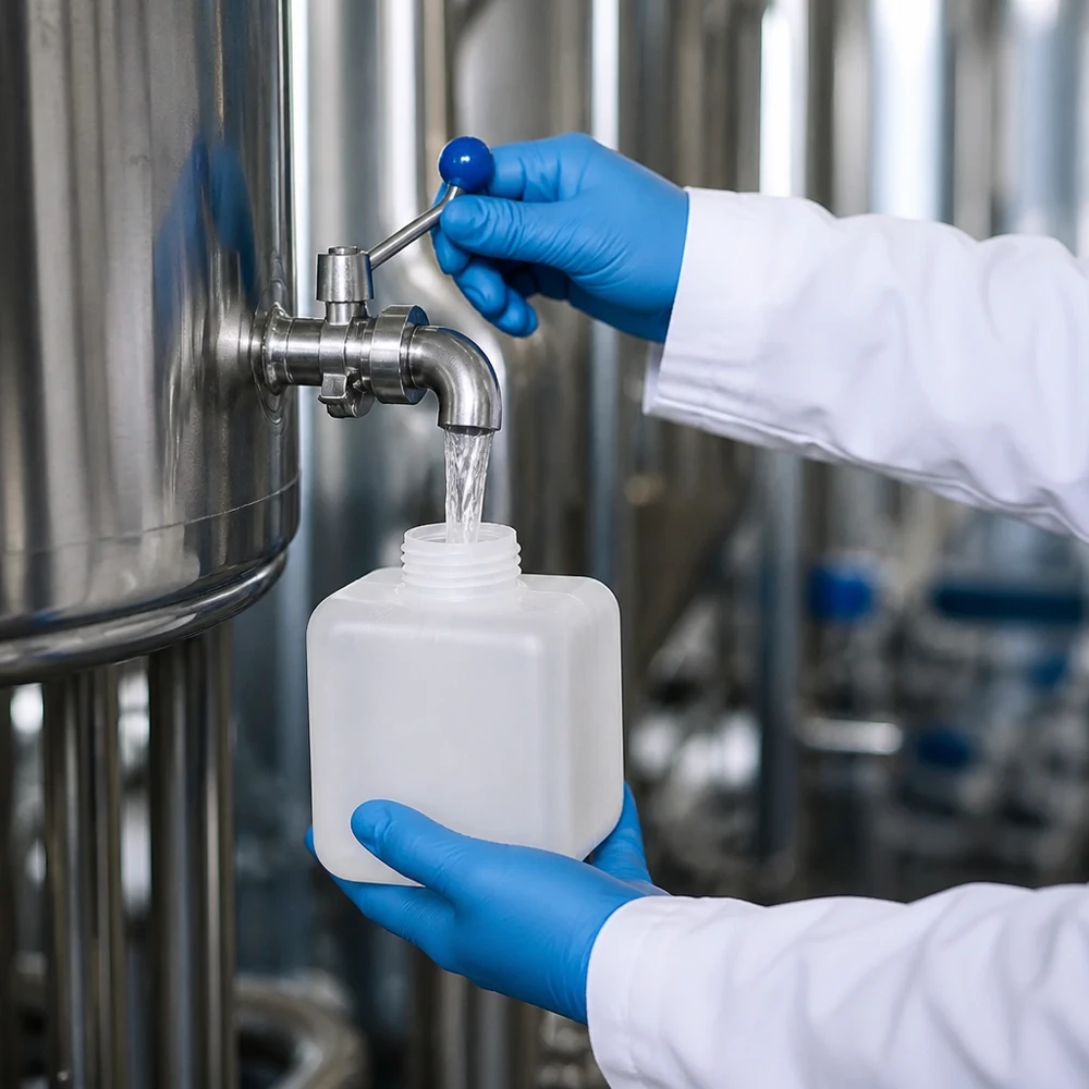 Butelka na chemikalia 250ml, wąska szyjka wykonana z PE-HD, kolor naturalny, GL 28 Laborant w rękawicach ochronnych napełnia butelkę na chemikalia z PE-HD o pojemności 250 ml i gwintem GL28 ze zbiornika ze stali nierdzewnej