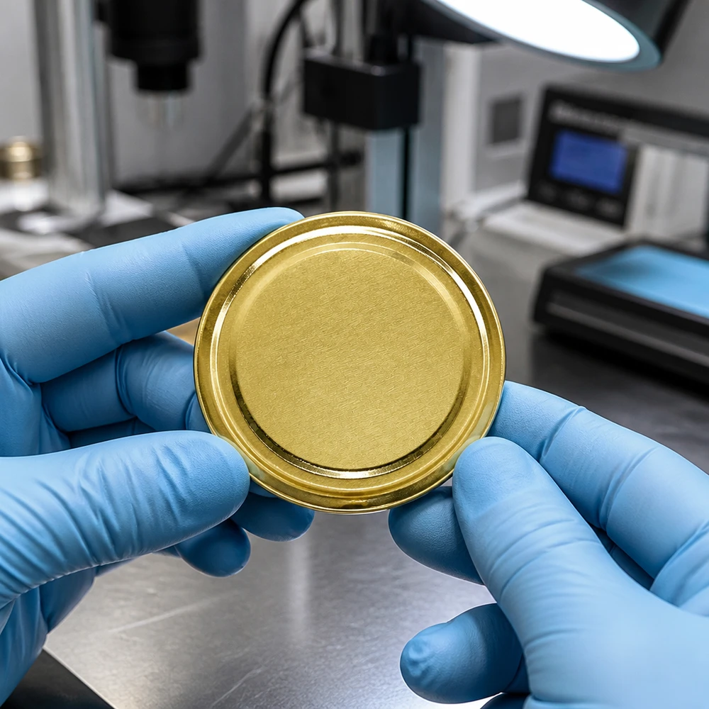 Pokrywka BasicSeal 66 mm, złota (TO66) UNiTWIST Kontrola laboratoryjna złotej pokrywki TO66 o średnicy 66 mm typu BasicSeal UNiTWIST przy użyciu rękawiczek ochronnych