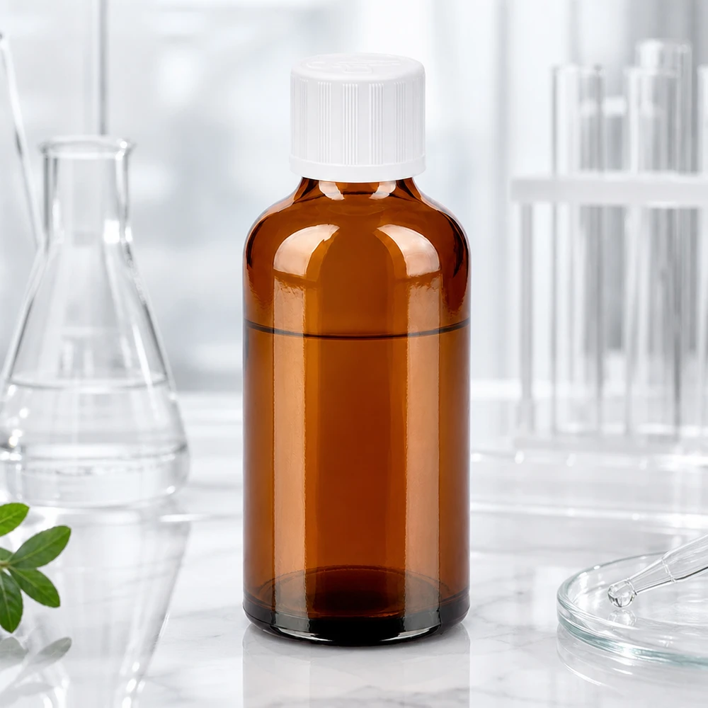 Butelka laboratoryjna o pojemności 50 ml wykonana z bursztynowego szkła chroniącego przed promieniowaniem UV do zastosowań profesjonalnych