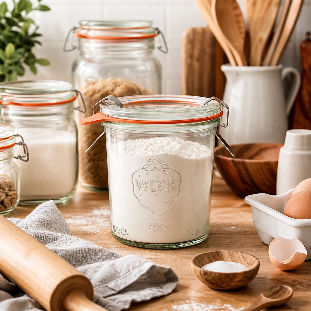 Kubki o pojemności 140 ml w komplecie WECK RR60 Kubki WECK 140ml RR60 wypełnione mąką w kuchni ze składnikami do pieczenia, jajkami, wałkiem do ciasta i drewnianymi przyborami do pieczenia