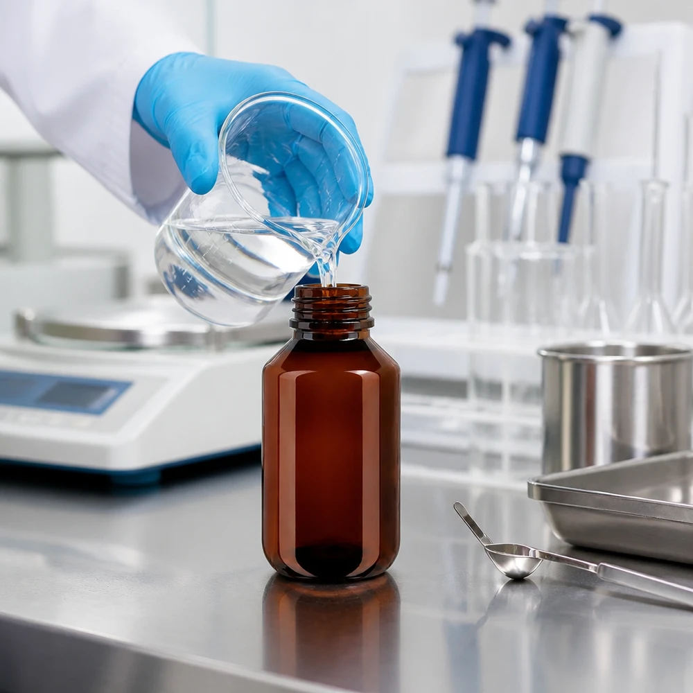 Butelka apteczna o pojemności 100 ml, wykonana z brązowego PET, jest napełniana przezroczystym płynem w laboratorium farmaceutycznym