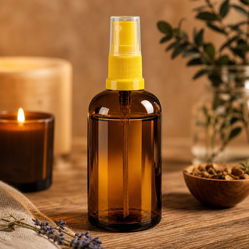 100 ml butelka ze spryskiwaczem żółta/przezroczysta STD BrownLine UT18/100 Wysokiej jakości butelka z rozpylaczem o pojemności 100 ml wykonana z bursztynowego szkła z ochroną UV dla substancji wrażliwych na światło.