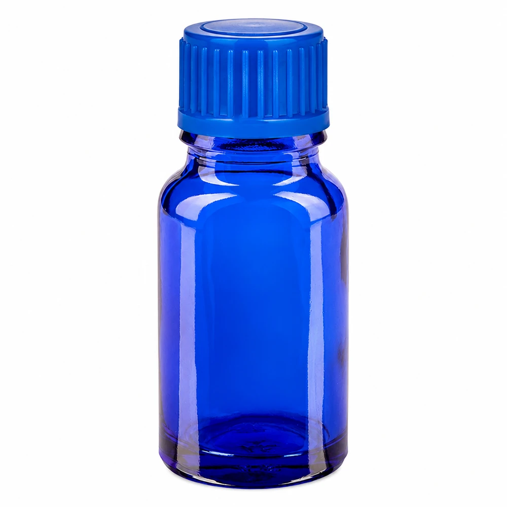 Butelka 10 ml 11 mm SV niebieski STD BlueLine UT18/10 Butelka z niebieskiego szkła o pojemności 10 ml z zakrętką do olejków eterycznych i kosmetyków