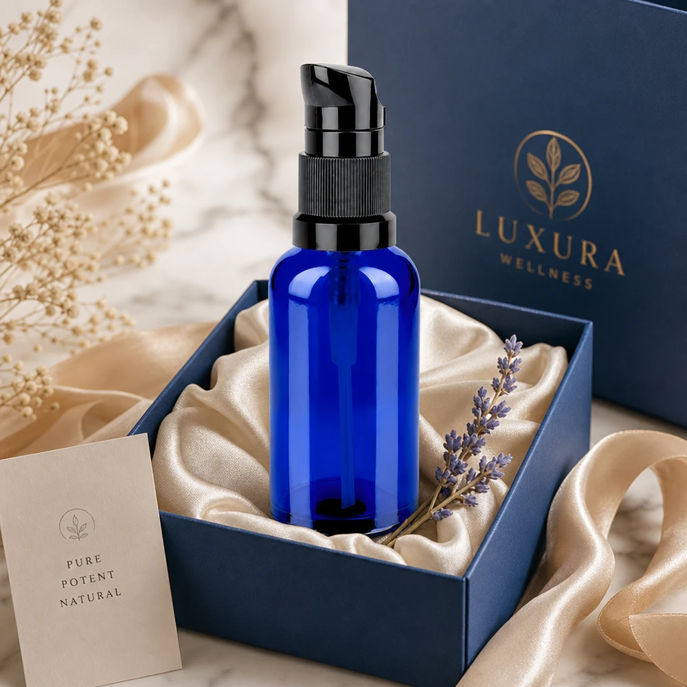 Wysokiej jakości niebieska szklana butelka 50 ml z czarną pompką do luksusowej pielęgnacji skóry STD BlueLine UT18/50