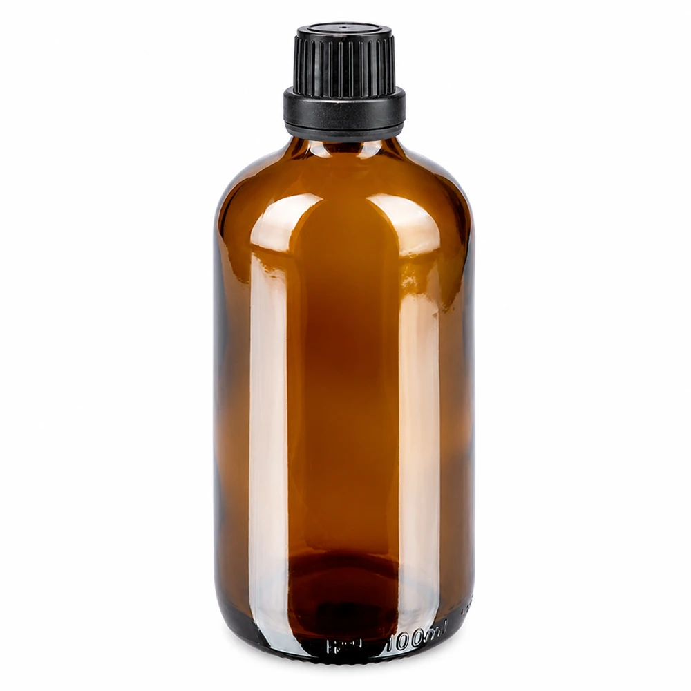 Butelka apteczna brązowa 100ml drip v. Pr 2mm czarny OV Brązowa butelka apteczna o pojemności 100 ml, wykonana ze szkła borokrzemowego, z czarnym zamknięciem typu OV i wkładem kroplomierzem o średnicy 2 mm