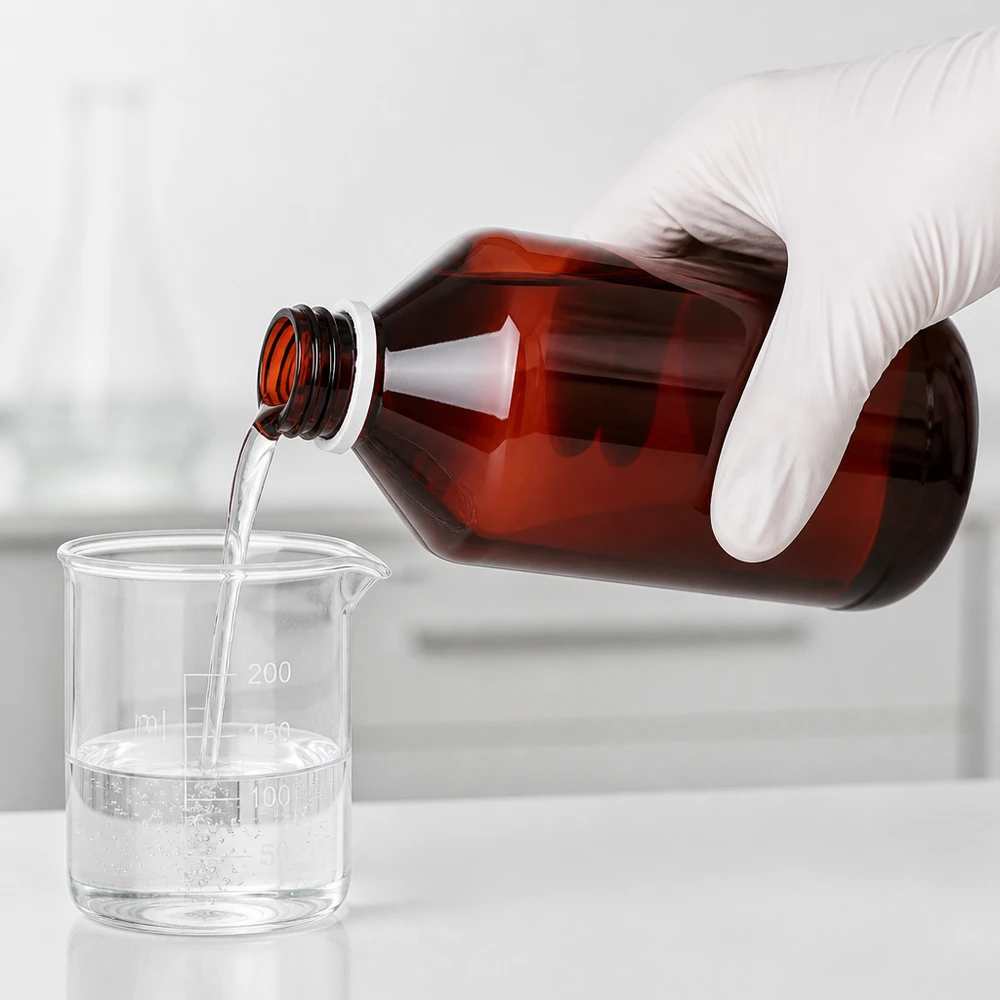 Laborant przelewa przezroczysty płyn z brązowej butelki PET o pojemności 750 ml do zlewki, mając na ręce białą rękawiczkę