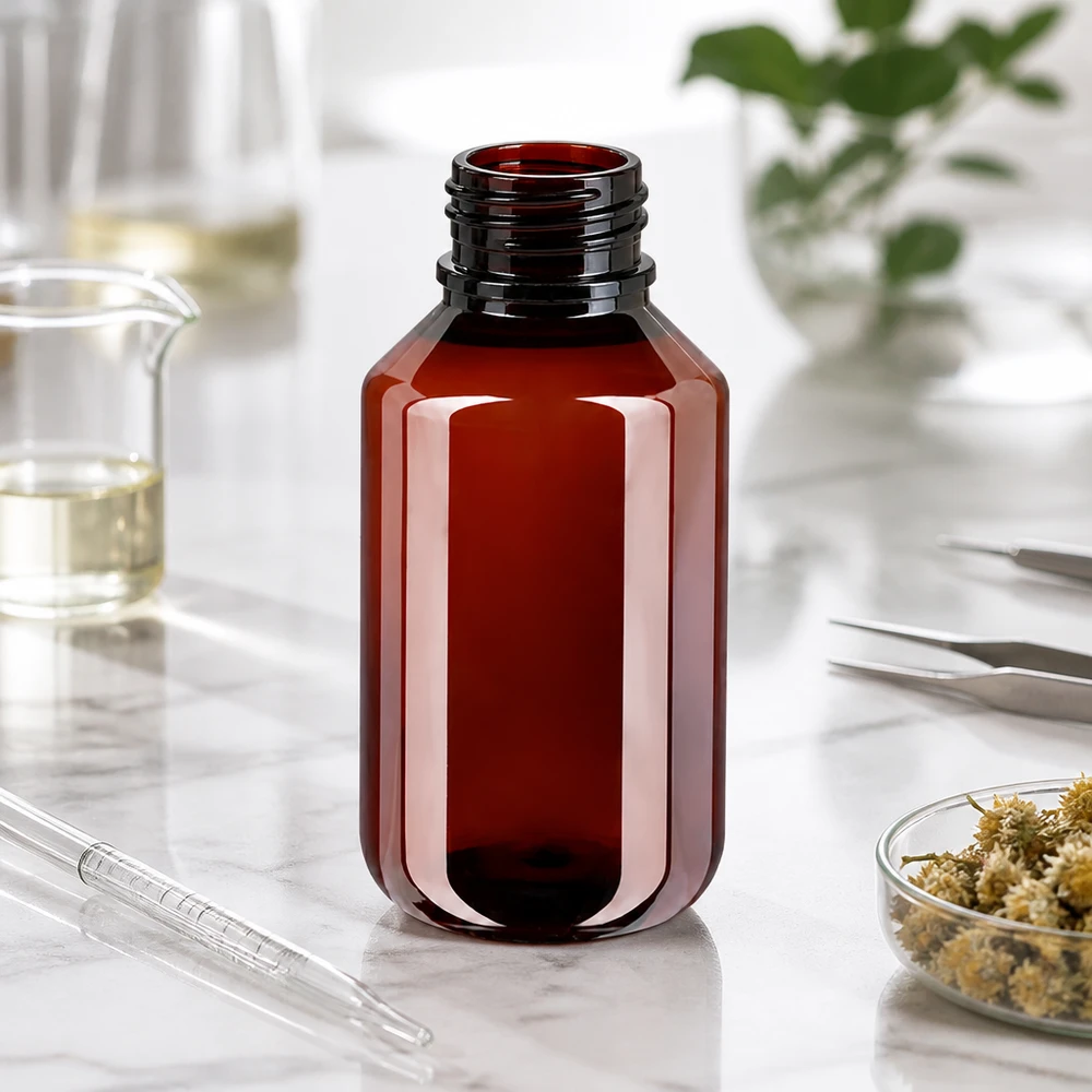 Kompakte braune PET Flasche 100ml mit Gewinde für pharmazeutische Flüssigkeiten
