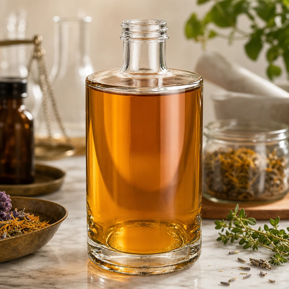 Szklana butelka 375 ml Sam bez zakrętki UNiTWIST® Szklana butelka Sam o pojemności 375 ml z płynem o bursztynowej barwie i naturalnym aromacie ziół i przypraw.