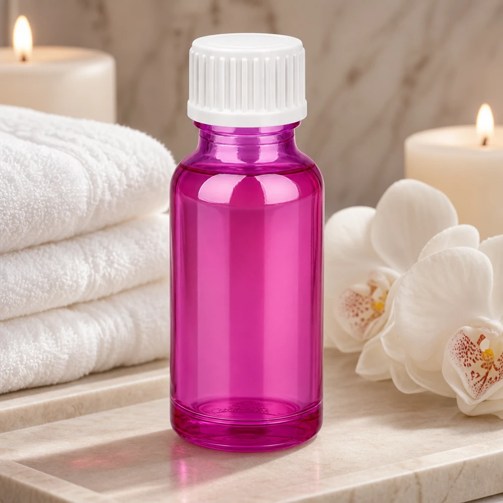 Butelka 20ml (kuleczka) 3mm pierścień nalewowy biały standardowy PurpleLine.UT18/20 20 ml szklana butelka w kolorze błyszczącej magenty z łatwą w użyciu zakrętką zapewniającą dobre samopoczucie