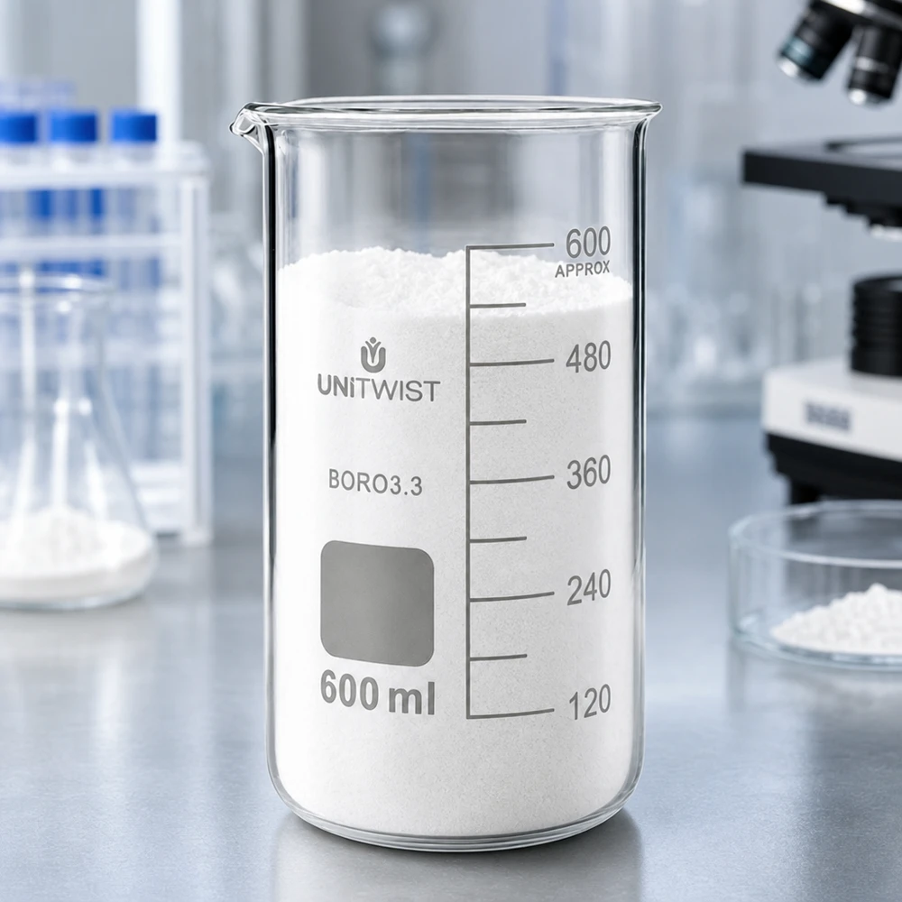 Zlewka 600 ml borokrzemianowa, wysoka UNITWIST Szklanka UNITWIST o pojemności 600 ml, o wysokim kształcie, wypełniona białym proszkiem na blacie laboratoryjnym
