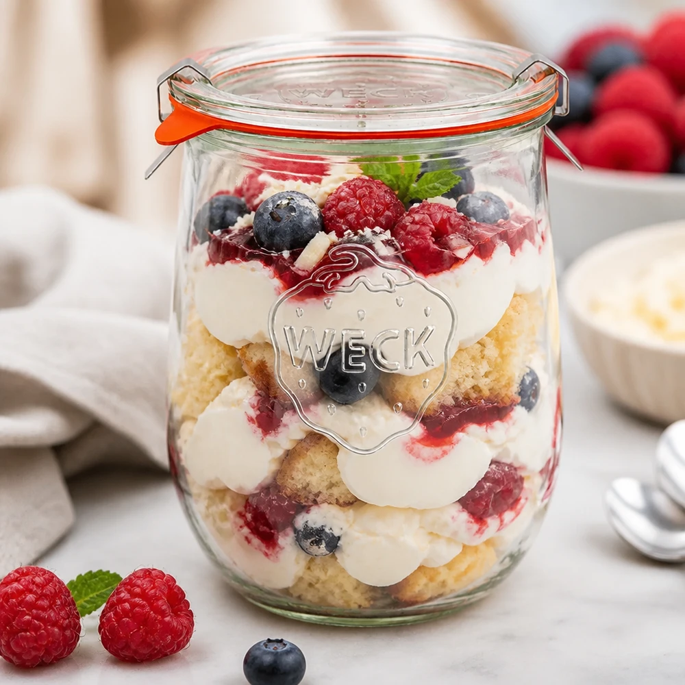 Słoik tulipan 1062ml kompletny WECK RR100 WECK słoik tulipan 1062ml RR100 jako słoik deserowy na trifle z jagodami, kremem i ciastem w warstwowym deserze