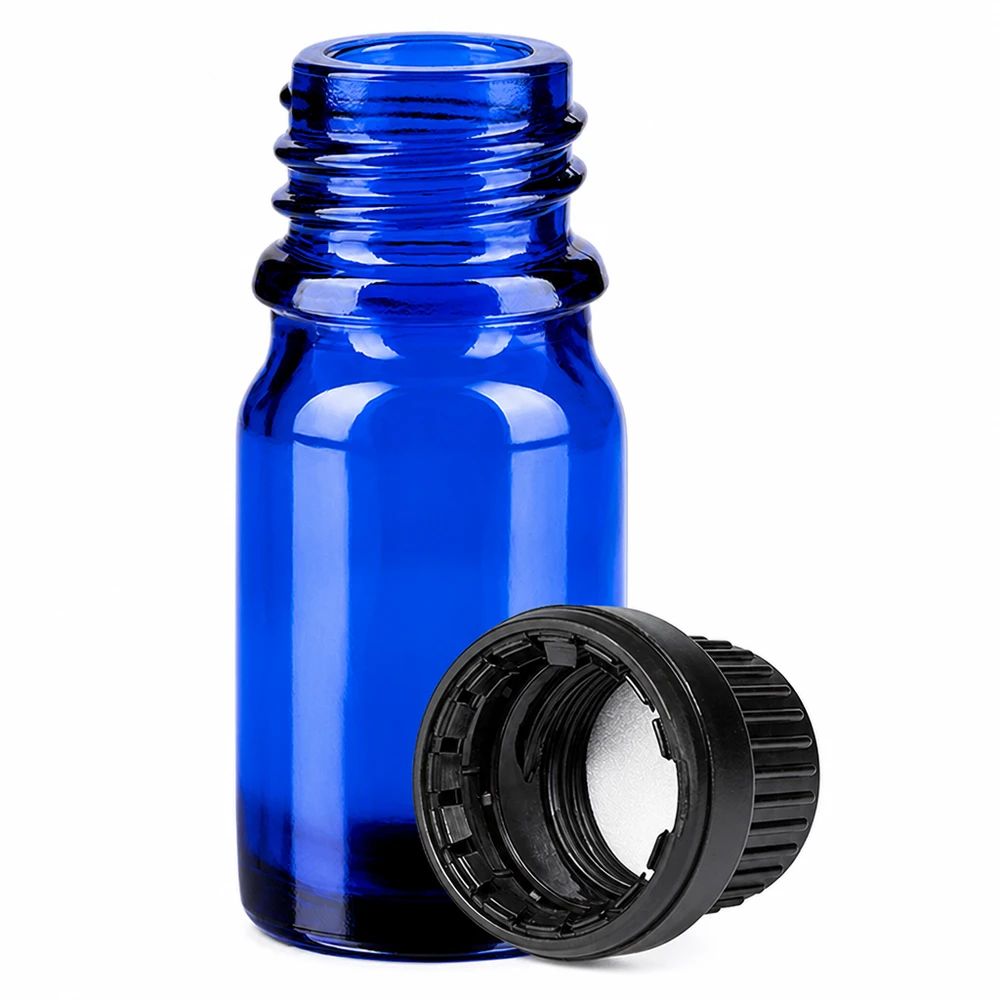 Butelka 5 ml 11 mm SV czarna OV BlueLine UT18/5 Mała szklana buteleczka o pojemności 5 ml w kolorze niebieskim z gwintem i czarną nakrętką na olejki eteryczne