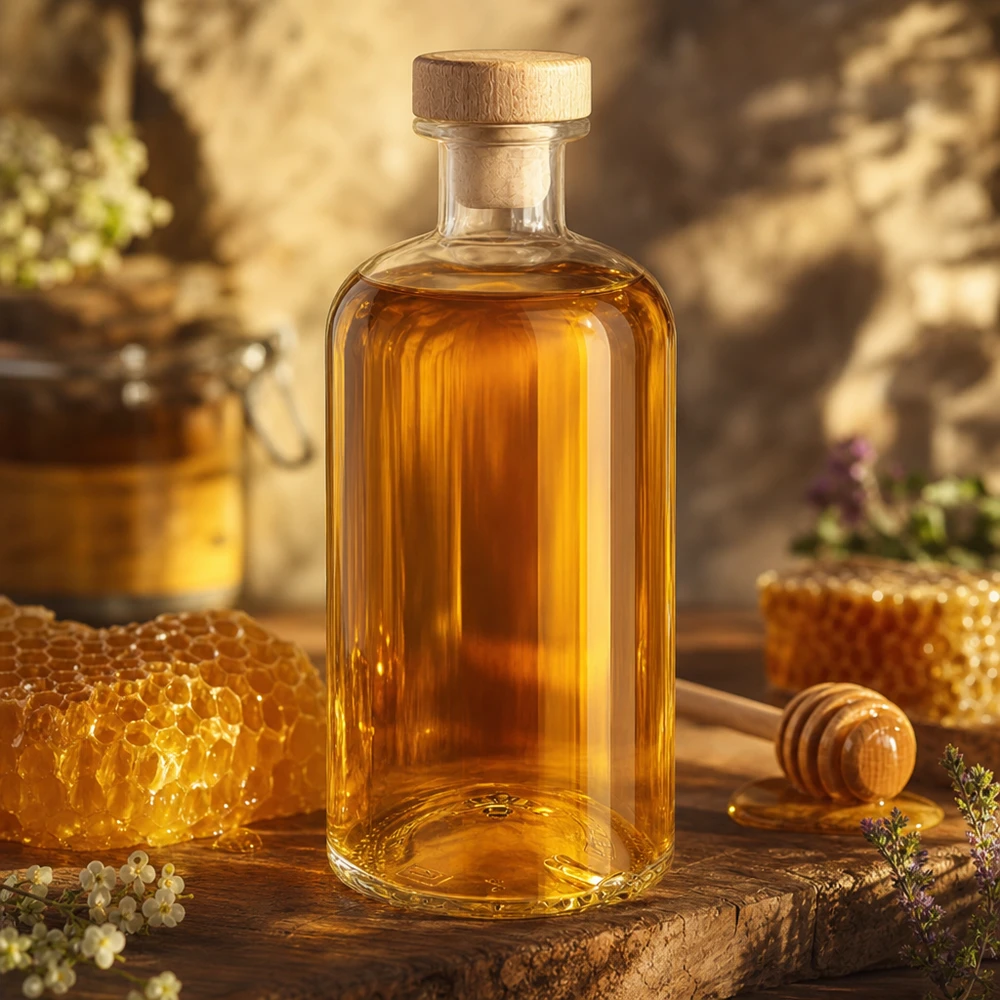 Butelka apteczna Flora 500 ml z drewnianym korkiem UNiTWIST® Flora 500ml szklana butelka wypełniona miodem obok plastra miodu i miodarki na rustykalnej drewnianej desce w ciepłym świetle