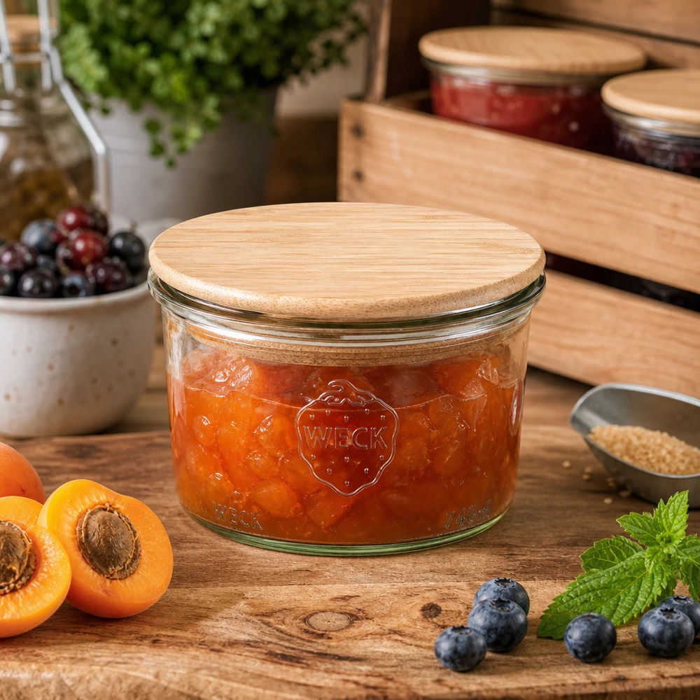 Kubki 200 ml WECK RR80 z drewnianą pokrywką WECK Einmachglas 200ml mit Holzdeckel gefüllt mit Aprikosenmarmelade auf Holztisch neben frischen Früchten