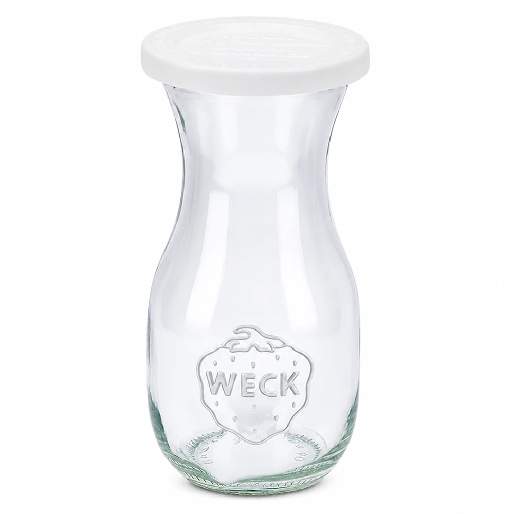 Butelka na sok WECK 290ml z białą pokrywką RR60 wykonana z przezroczystego szkła z wytłoczonym logo