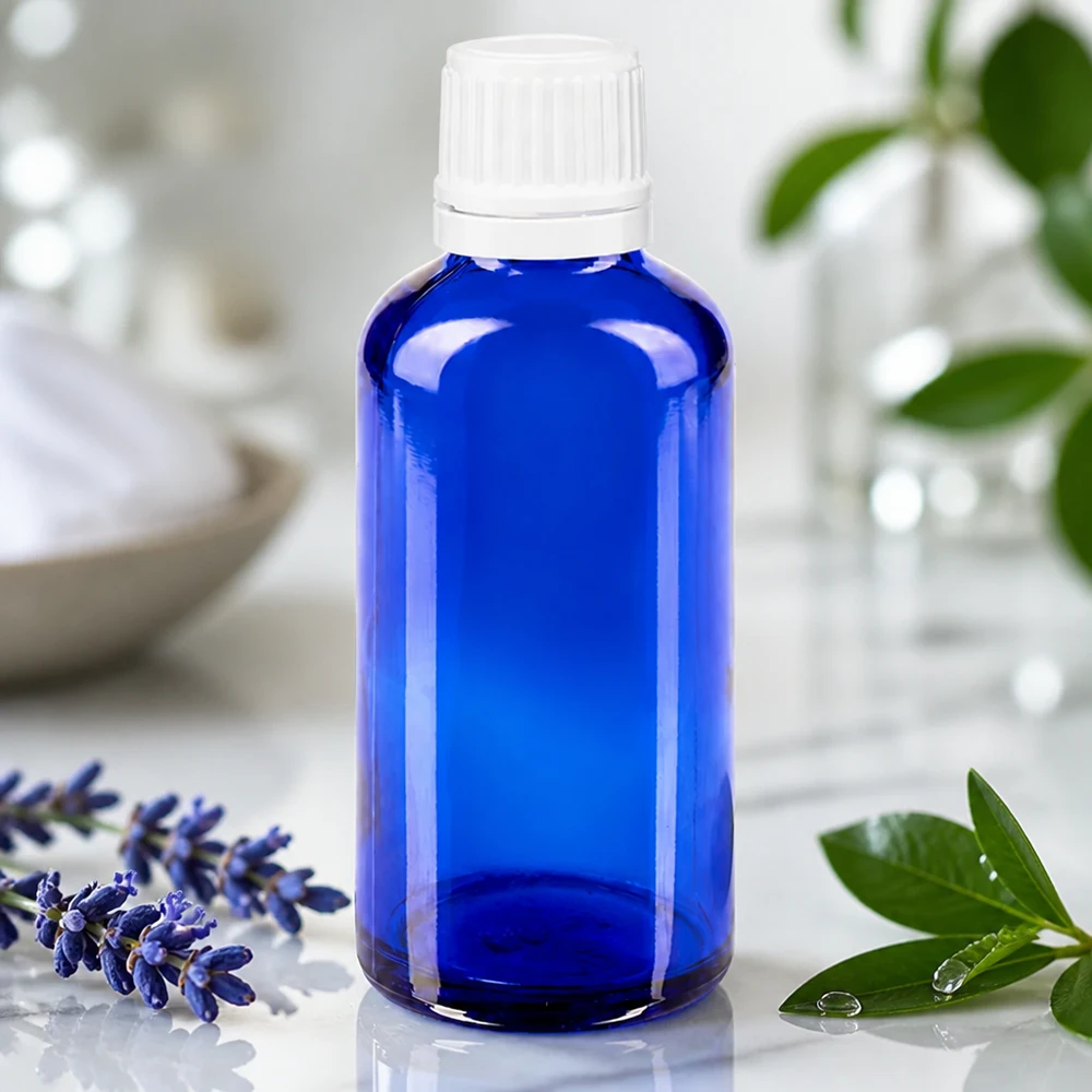 Butelka apteczna niebieska 50ml zakrętka biała OV Niebieska szklana butelka o pojemności 50 ml z białym zamknięciem zabezpieczonym przed dziećmi, obok świeżych gałązek lawendy
