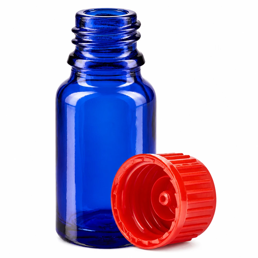 10 ml szklana butelka w kolorze kobaltowego błękitu z zakrętką zabezpieczającą przed dziećmi do bezpiecznego przechowywania płynów