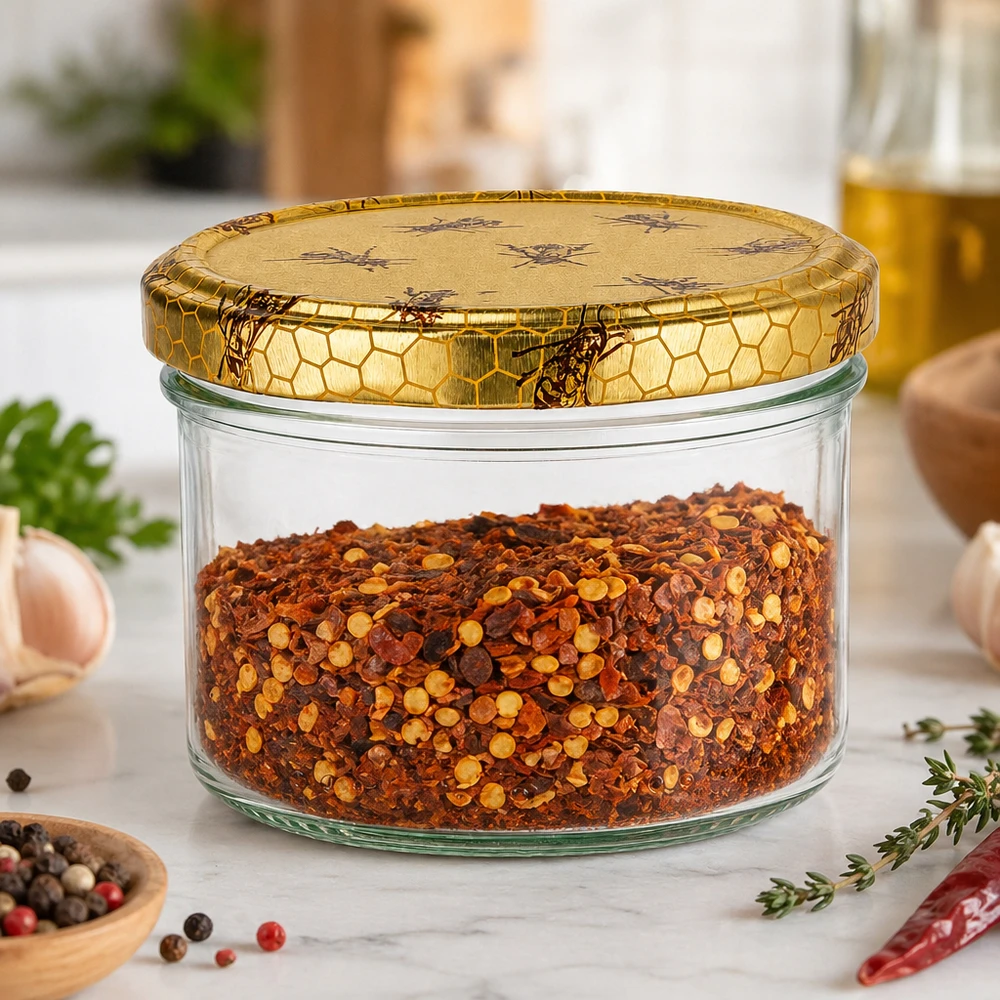 300g Honigglas mit Bienenwabe Deckel BasicSeal UNiTWIST Słoik na miód o pojemności 300 g z pokrywką w kształcie plastra miodu może być używany w kuchni jako słoik na płatki chili.
