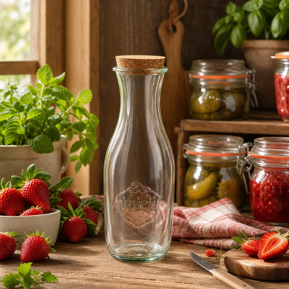 Butelka na sok 1062ml WECK RR60 z korkiem naturalna Szklana butelka WECK 1062ml w rustykalnej kuchni ozdobiona świeżymi truskawkami i słoikami na przetwory