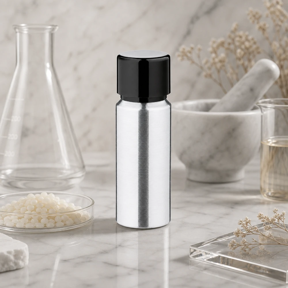 Butelka z polerowanego aluminium o pojemności 20 ml z zakrętką Aluminiowa butelka o pojemności 20 ml z matowym wykończeniem i zakrętką, idealna do perfum i serum.